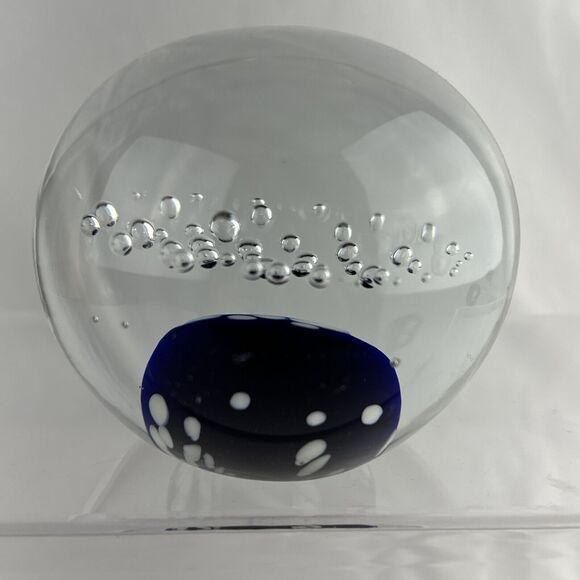Vintage Handblown Control Bubble Glass Paperweight Clear Cobalt - Picture 2 of 7